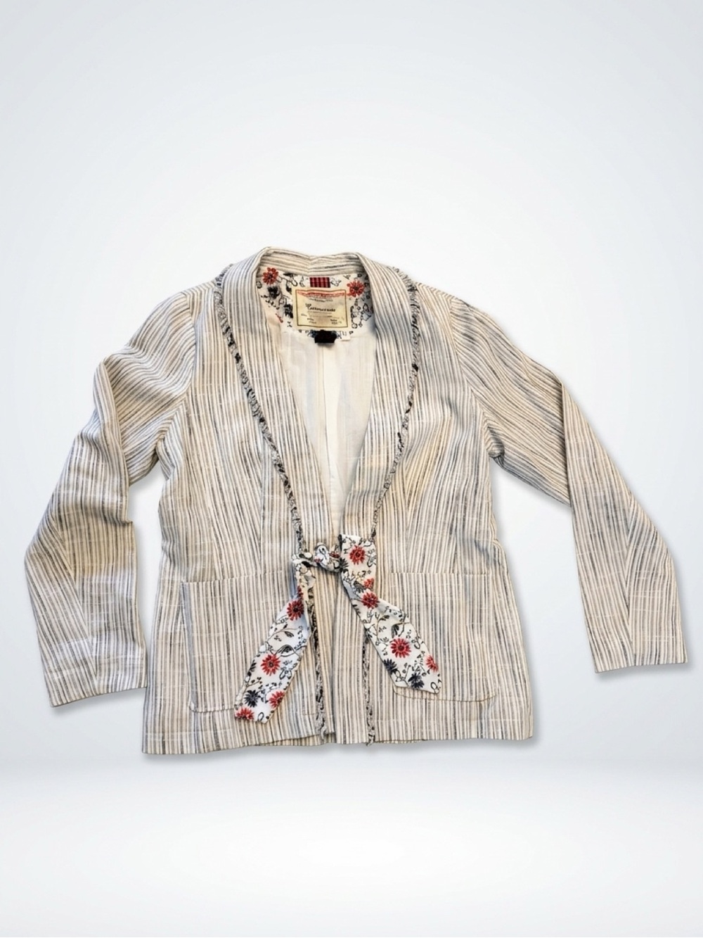 Cartonnier Anthropologie Blue Striped Floral Tie Blazer Size 14